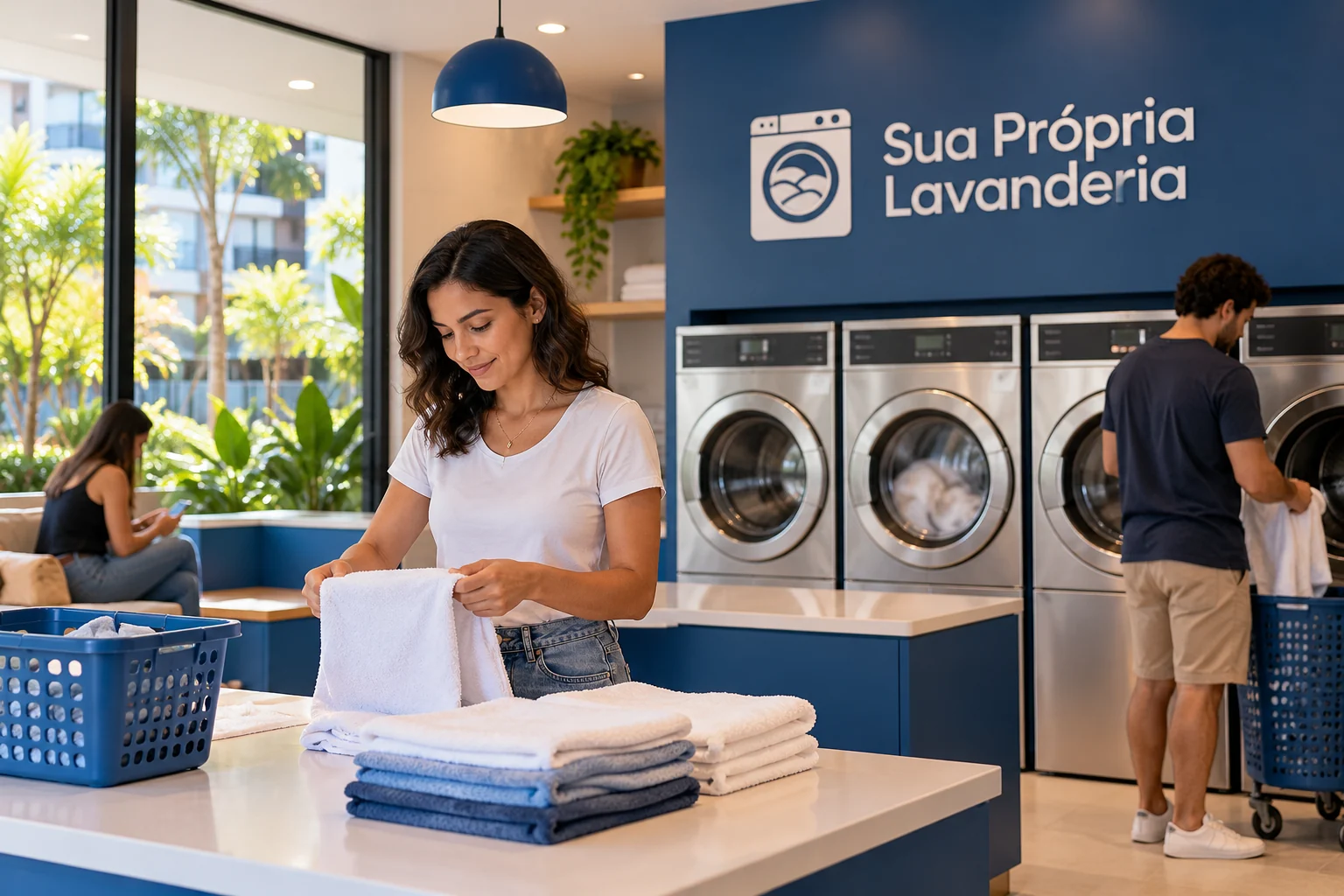 Mulher dobrando toalha em bancada de lavanderia, com clientes, máquinas e logo Sua Própria Lavanderia ao fundo.