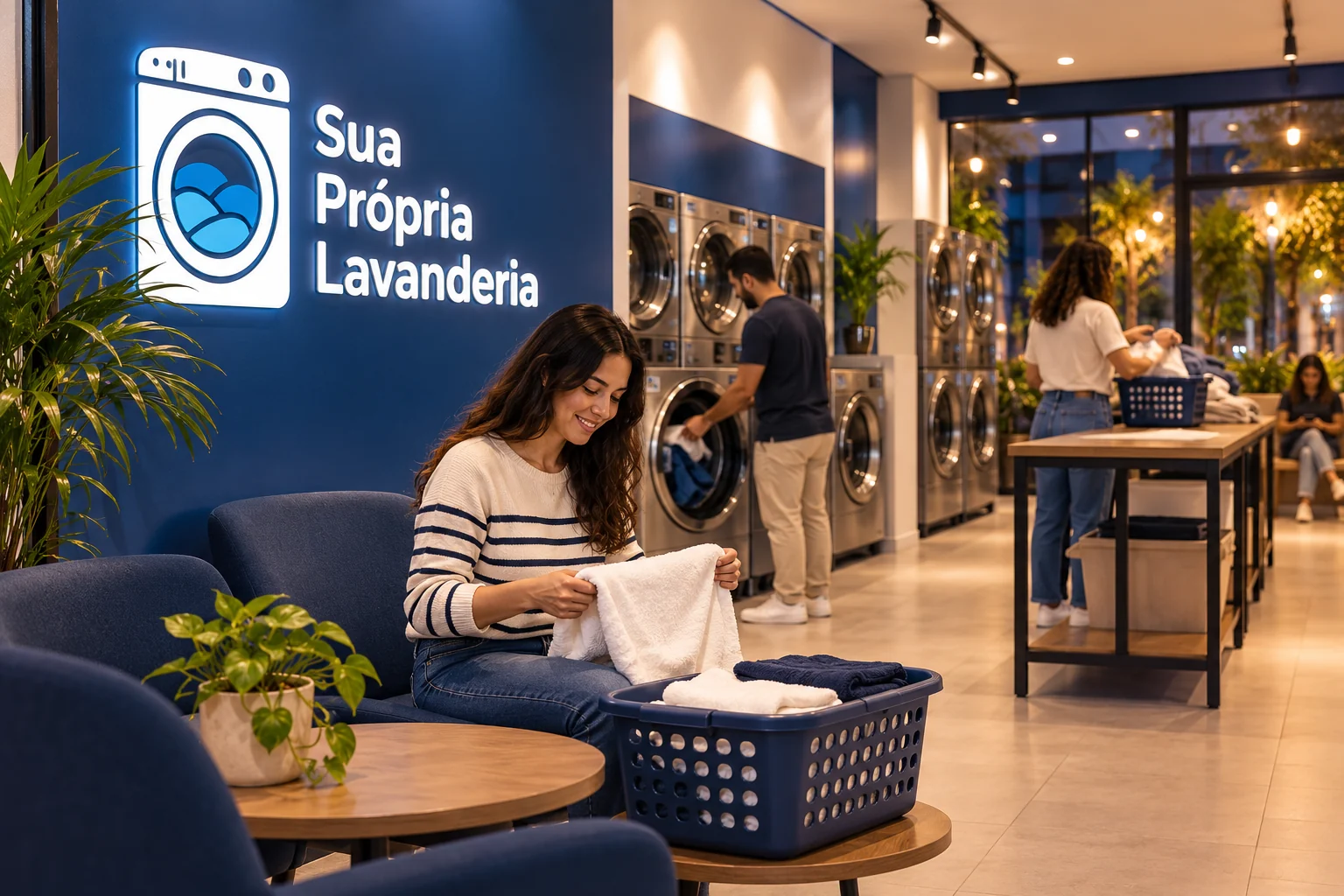 Cliente dobrando uma toalha na área de espera de uma lavanderia em uso, com logo Sua Própria Lavanderia na parede azul.