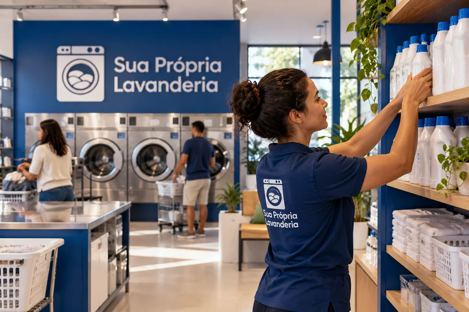 Pessoa com uniforme SPL organizando frascos em uma prateleira, com clientes e máquinas de lavanderia ao fundo.