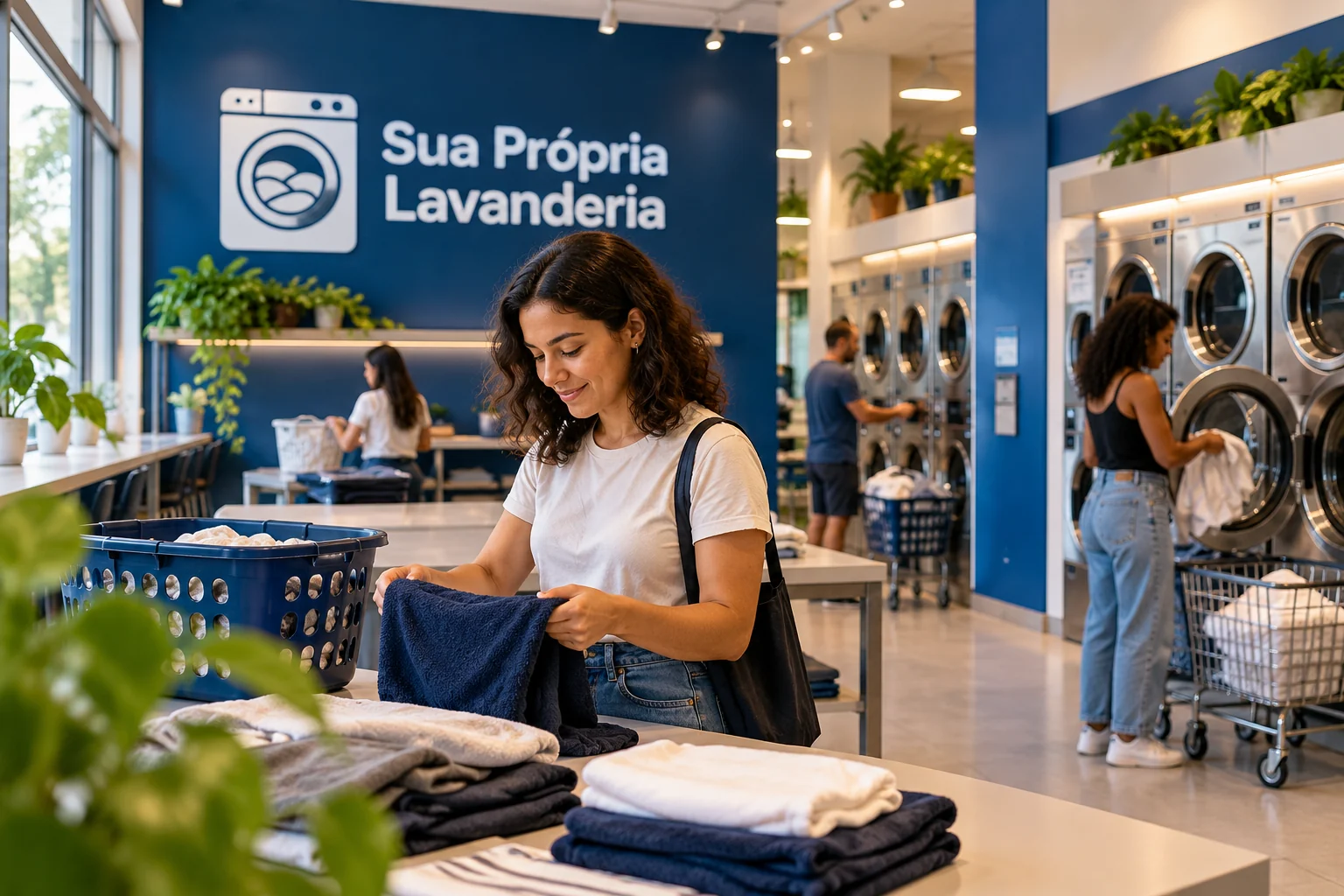 Cliente dobrando uma toalha azul em lavanderia em uso, com outras pessoas, máquinas e logo Sua Própria Lavanderia ao fundo.
