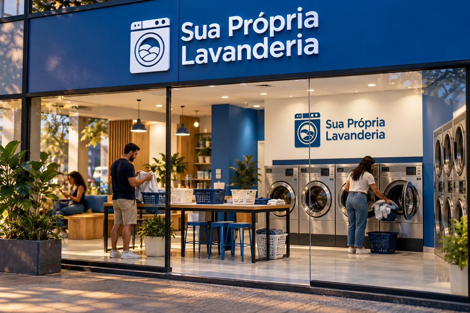 Fachada envidraçada com logo Sua Própria Lavanderia, mostrando clientes e máquinas no interior em funcionamento.