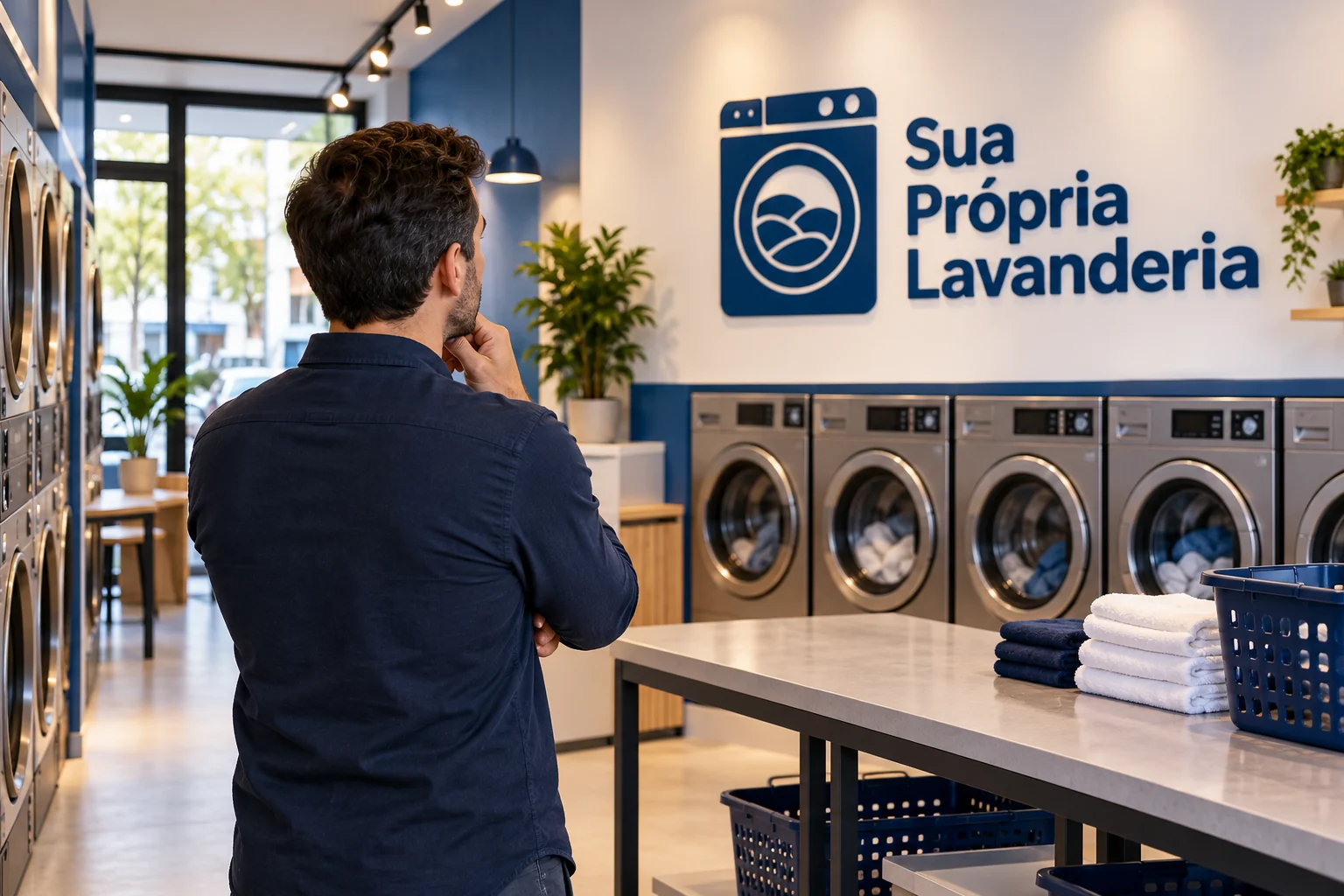 Homem observa o interior de uma lavanderia pronta, com máquinas, bancada e logo Sua Própria Lavanderia na parede.