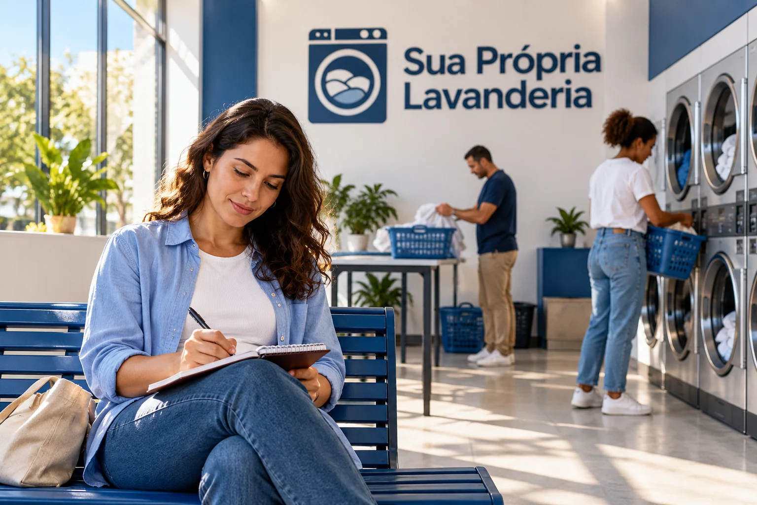 Mulher faz anotações em um caderno enquanto clientes usam uma lavanderia azul e branca com logo SPL.