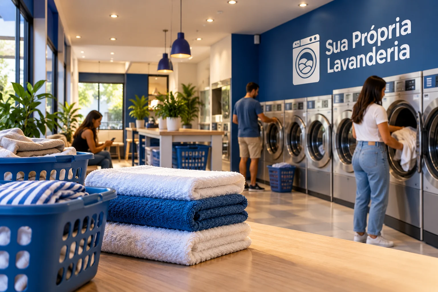 Toalhas e cestos em primeiro plano, com clientes usando máquinas em uma lavanderia pronta com logo SPL.