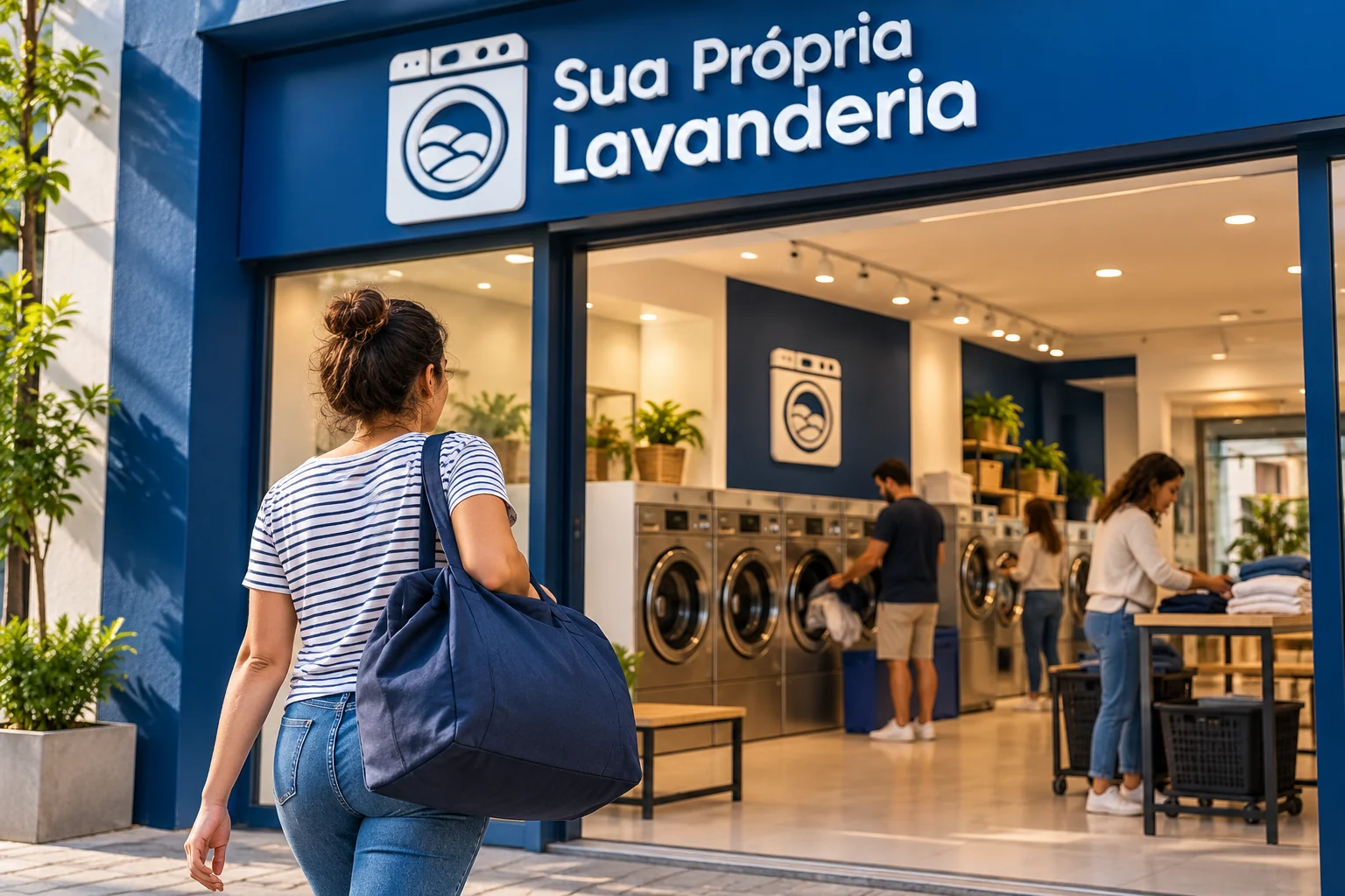 Mulher com bolsa de roupas chega à fachada de uma lavanderia pronta e em uso, com logo Sua Própria Lavanderia.