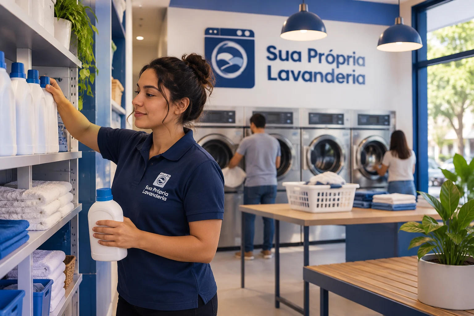Mulher organiza frascos e toalhas em uma lavanderia em funcionamento, com logo SPL na camisa e na parede.