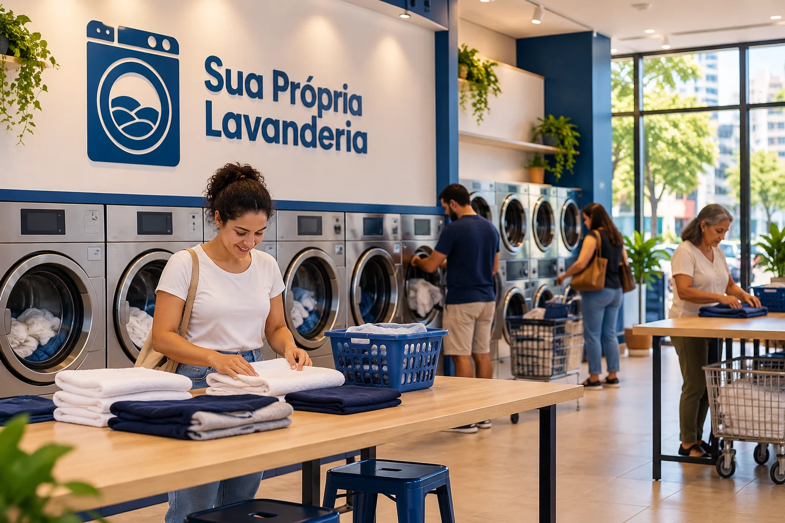 Clientes dobram roupas e utilizam máquinas em uma lavanderia acabada, com bancadas e logo SPL.