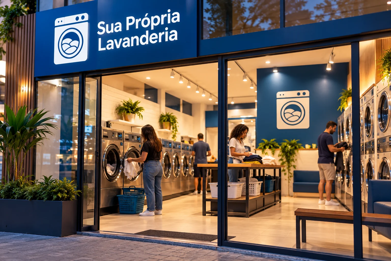 Fachada de lavanderia iluminada, com logo SPL e clientes usando as máquinas no interior.