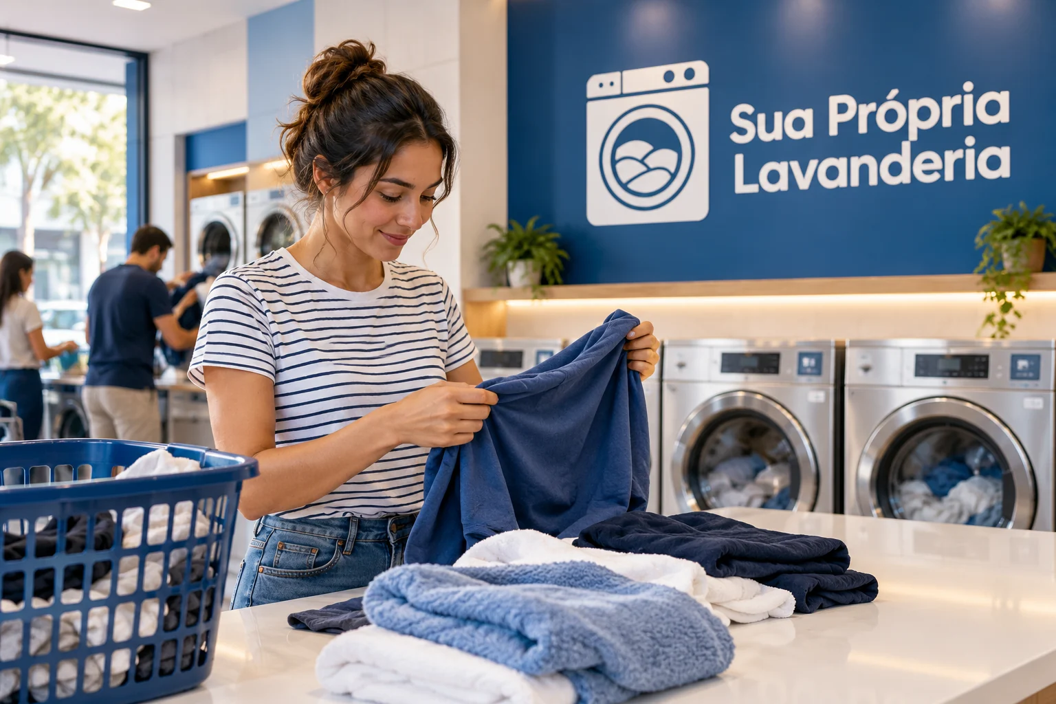 Mulher dobra uma peça de roupa em lavanderia azul e branca, com cesto, toalhas, máquinas ao fundo e logo SPL.