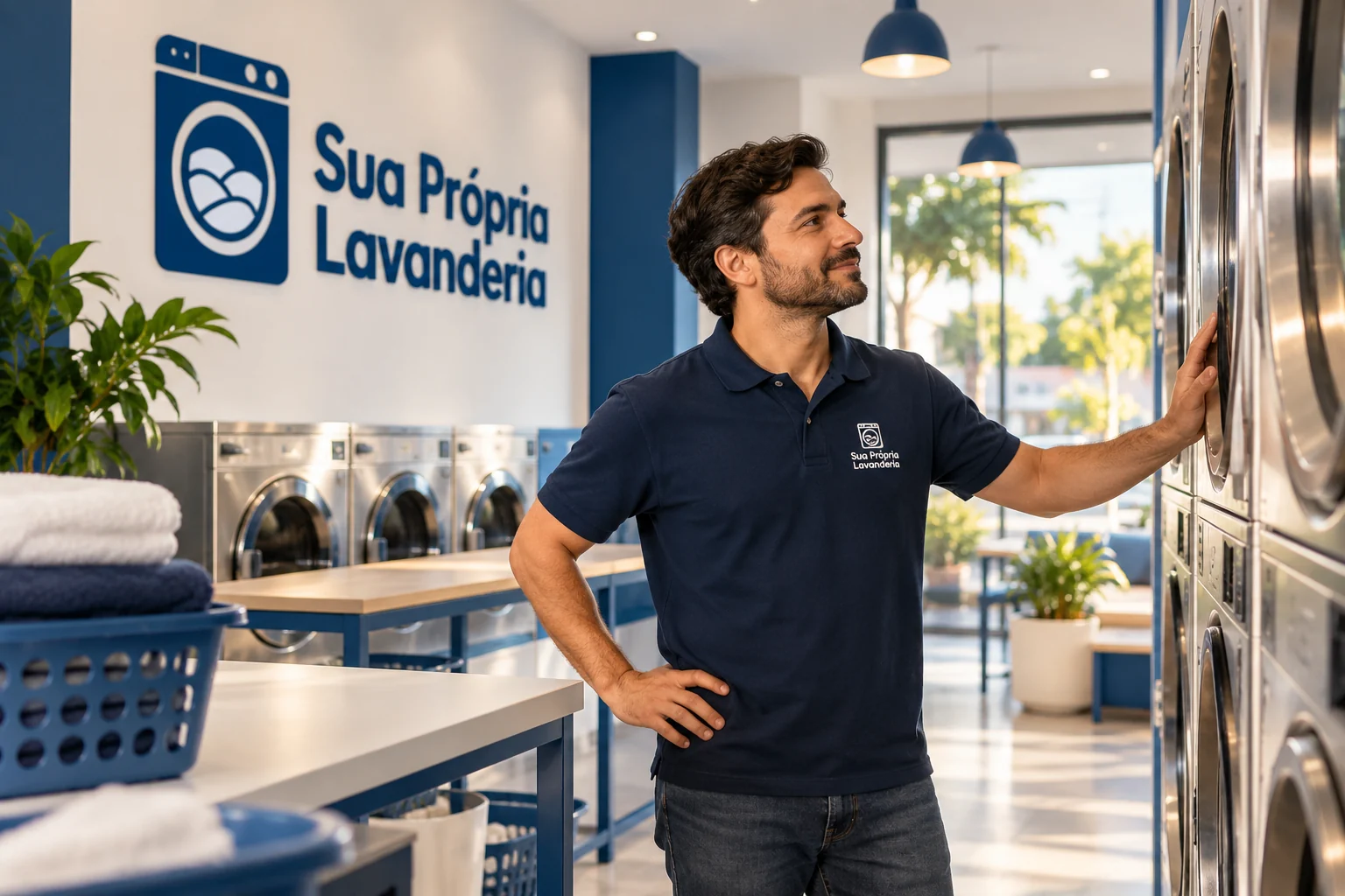 Homem ao lado de máquinas em lavanderia pronta azul e branca com logo SPL; cena ilustrativa.