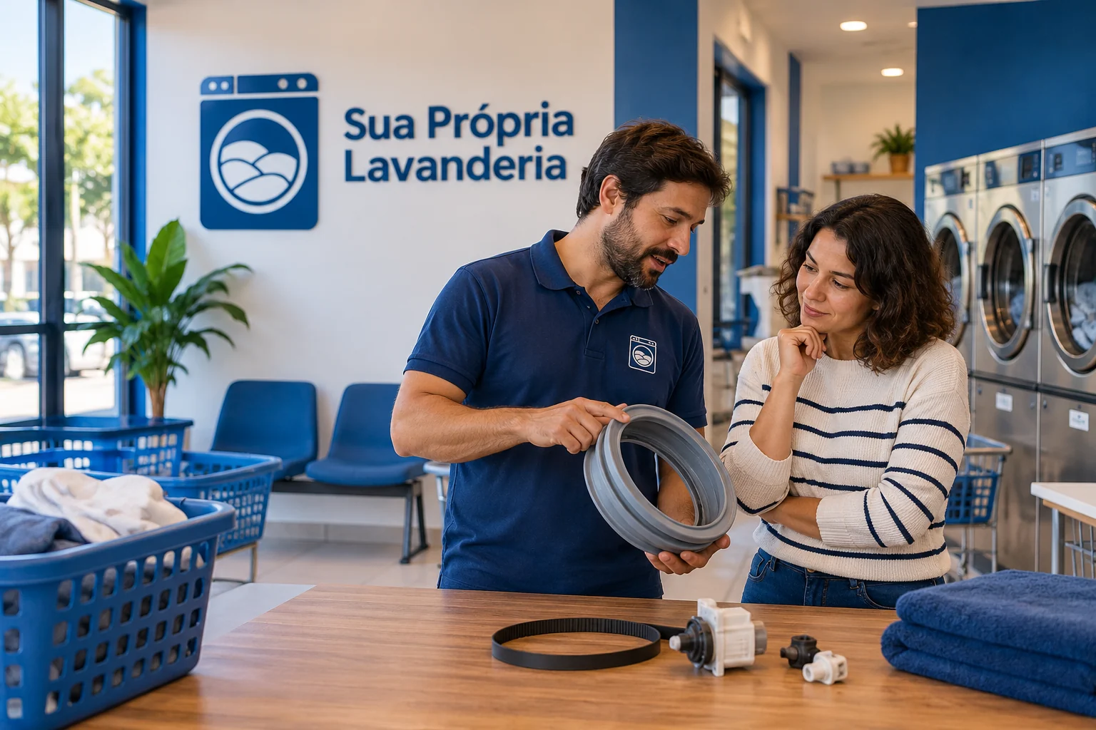 Duas pessoas observam uma peça de vedação em lavanderia com logo SPL e máquinas ao fundo; ilustração sobre manutenção.