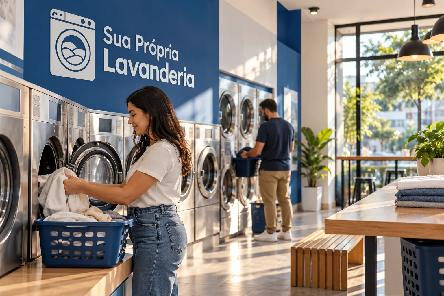 Mulher coloca roupas em máquina de uma lavanderia pronta azul e branca com logo SPL.