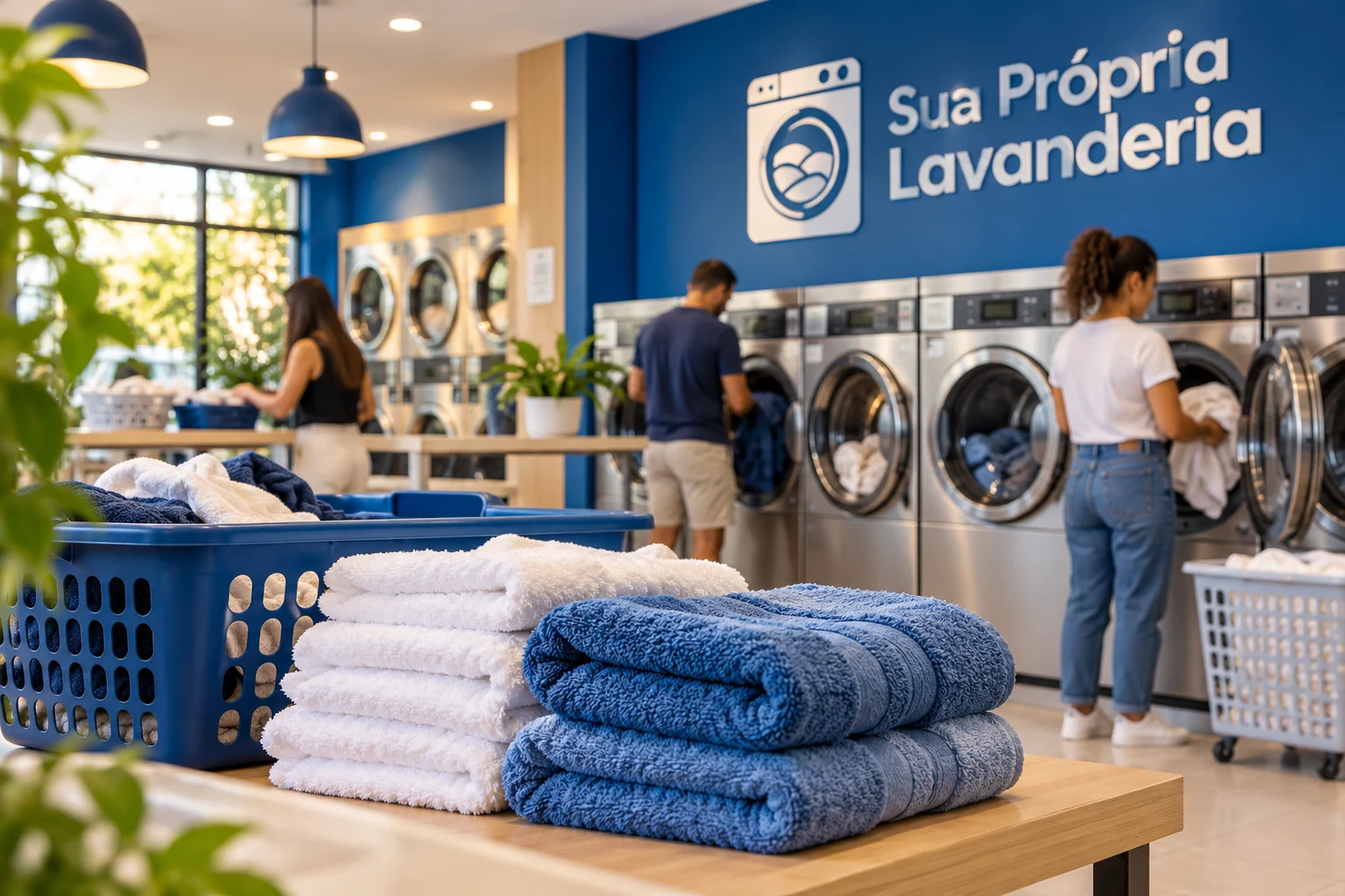 Toalhas e cestos em primeiro plano, com pessoas usando máquinas em lavanderia azul e branca com logo SPL.