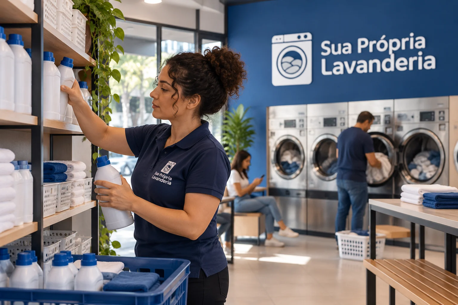 Lavanderia self-service em funcionamento, relacionada ao teste de viabilidade sob demanda menor