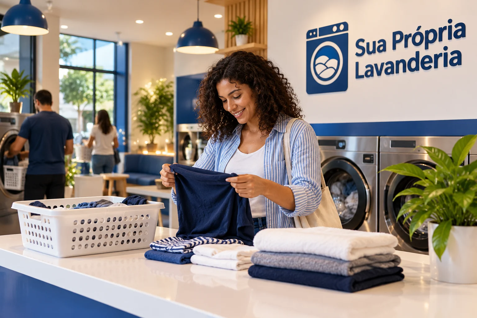 Mulher dobrando roupa no balcão de uma lavanderia azul e branca, com clientes e logo SPL ao fundo.
