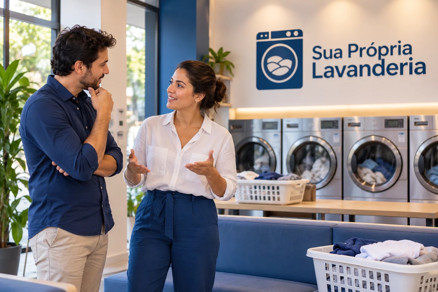 Duas pessoas conversando em lavanderia azul e branca, com máquinas e logo SPL ao fundo.