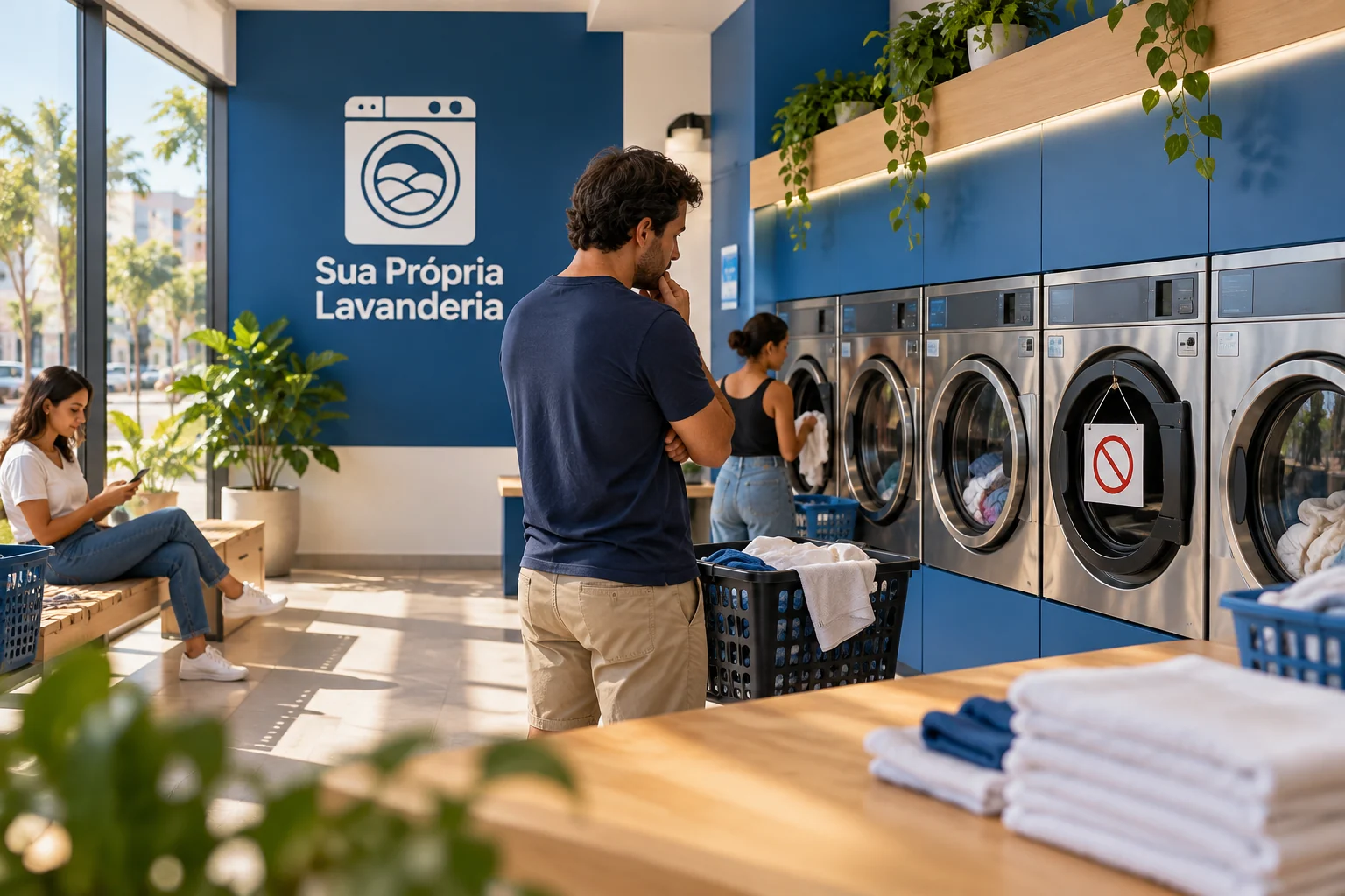Cliente diante de máquinas de lavanderia, uma delas sinalizada como indisponível, em ambiente com logo SPL.