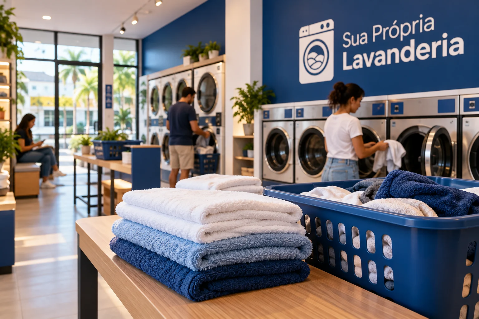 Toalhas dobradas e cesto no primeiro plano, com clientes usando uma lavanderia com logo SPL ao fundo.