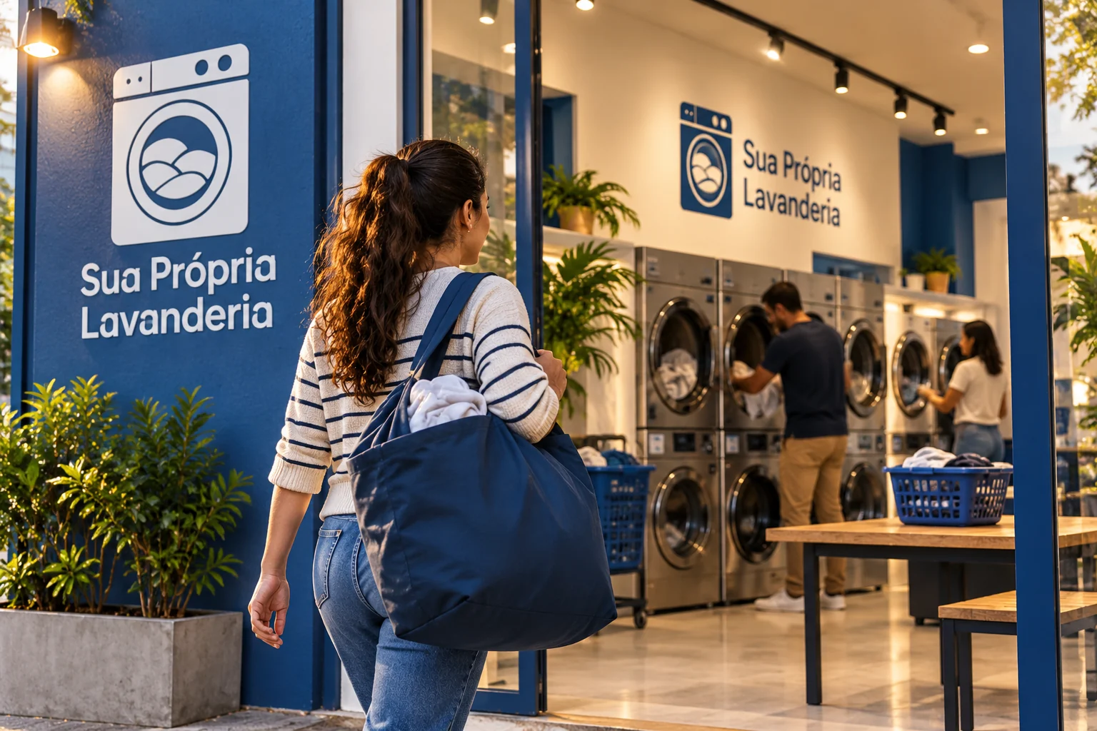Mulher com bolsa de roupas chegando a uma lavanderia azul e branca com logo SPL.