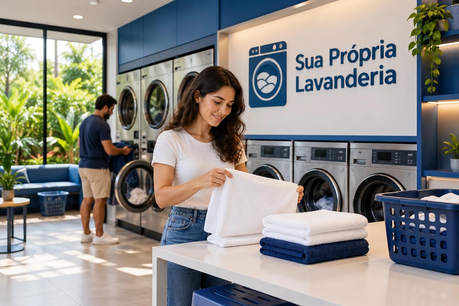 Mulher dobrando toalha em lavanderia azul e branca, com outro cliente e logo SPL ao fundo.