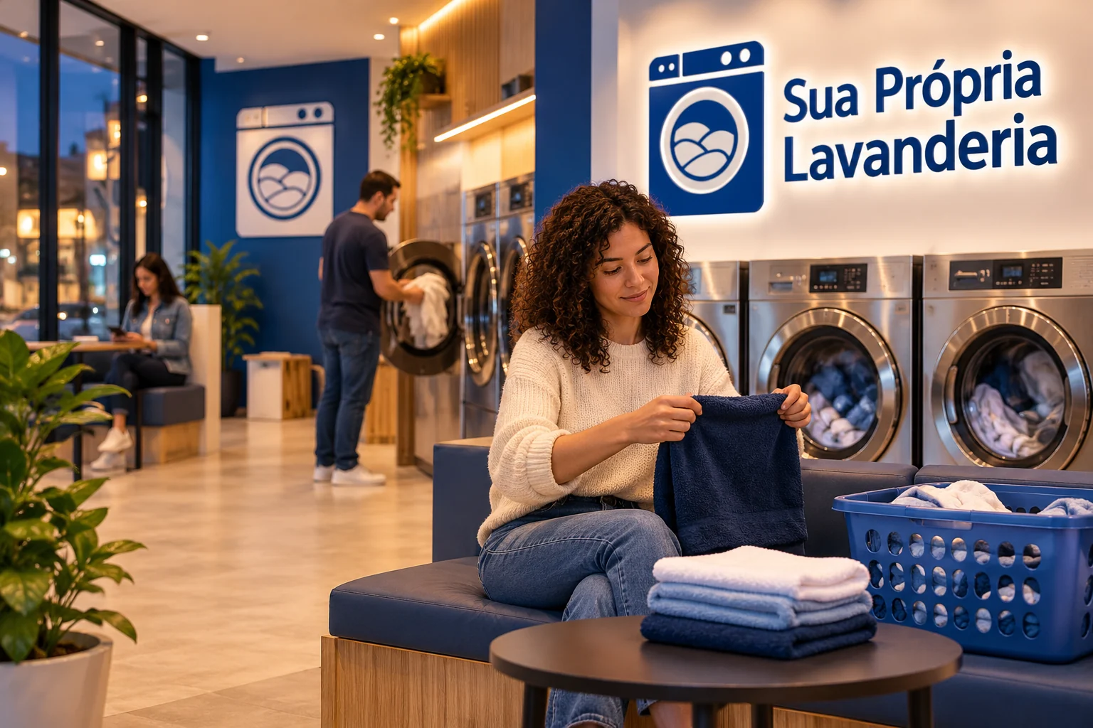 Cliente dobra uma toalha em área de espera de lavanderia em uso, com máquinas ao fundo e logo Sua Própria Lavanderia na parede.