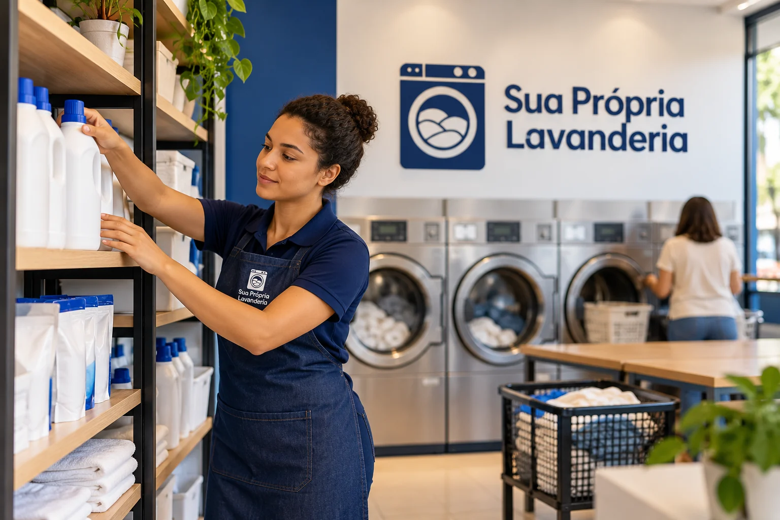 Pessoa organiza frascos em prateleira de lavanderia pronta, com máquinas e logo Sua Própria Lavanderia ao fundo.