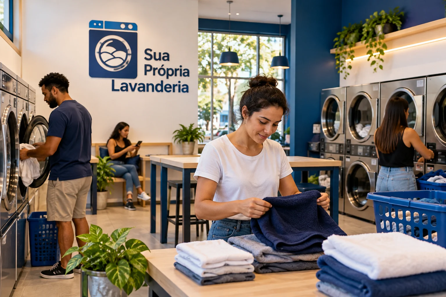 Clientes usam máquinas e dobram roupas em lavanderia azul e branca com logo Sua Própria Lavanderia.
