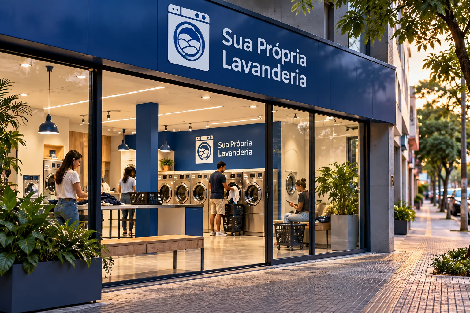 Fachada envidraçada de lavanderia em funcionamento, vista da calçada, com logo Sua Própria Lavanderia no letreiro.