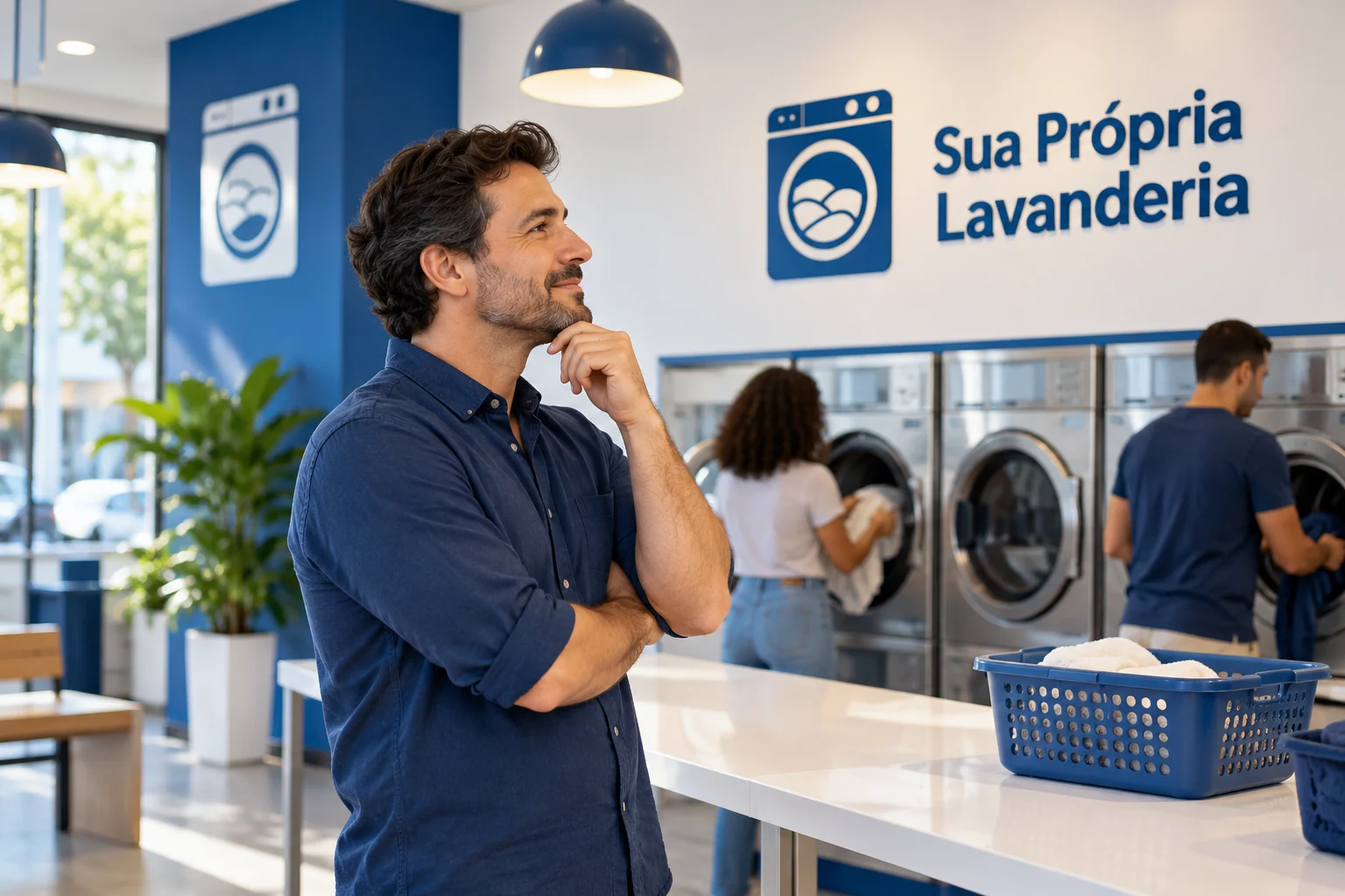 Homem observa o interior de uma lavanderia azul e branca com logo SPL, clientes e máquinas ao fundo.