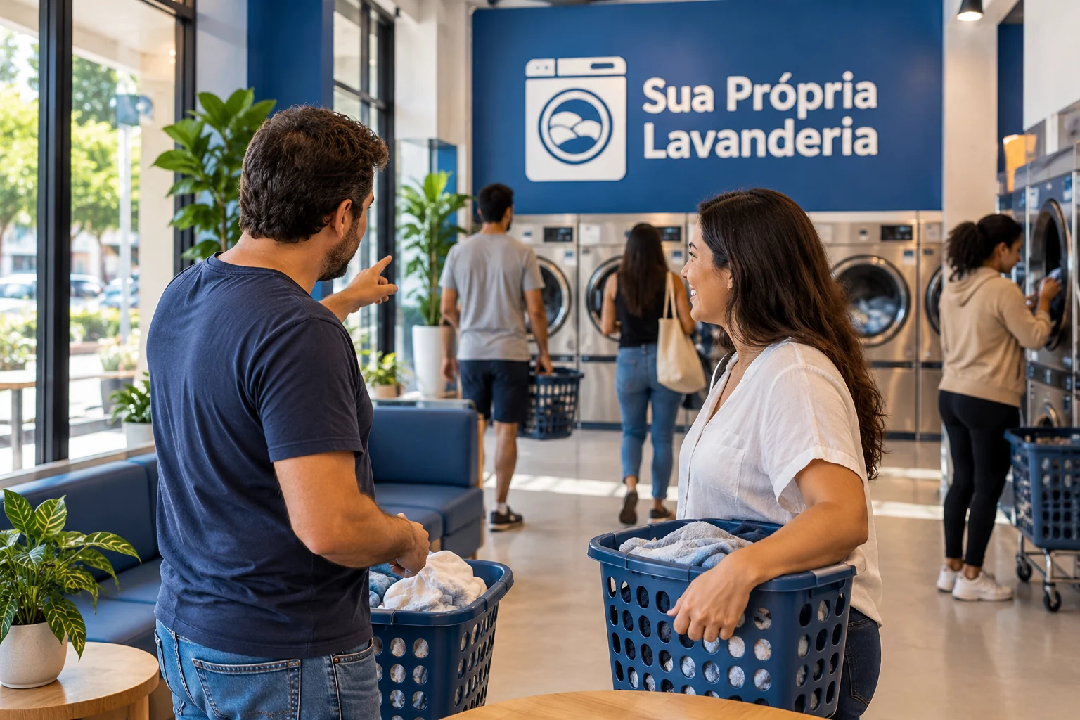 Duas pessoas com cestos conversam dentro de lavanderia em uso, com outros clientes e logo Sua Própria Lavanderia ao fundo.