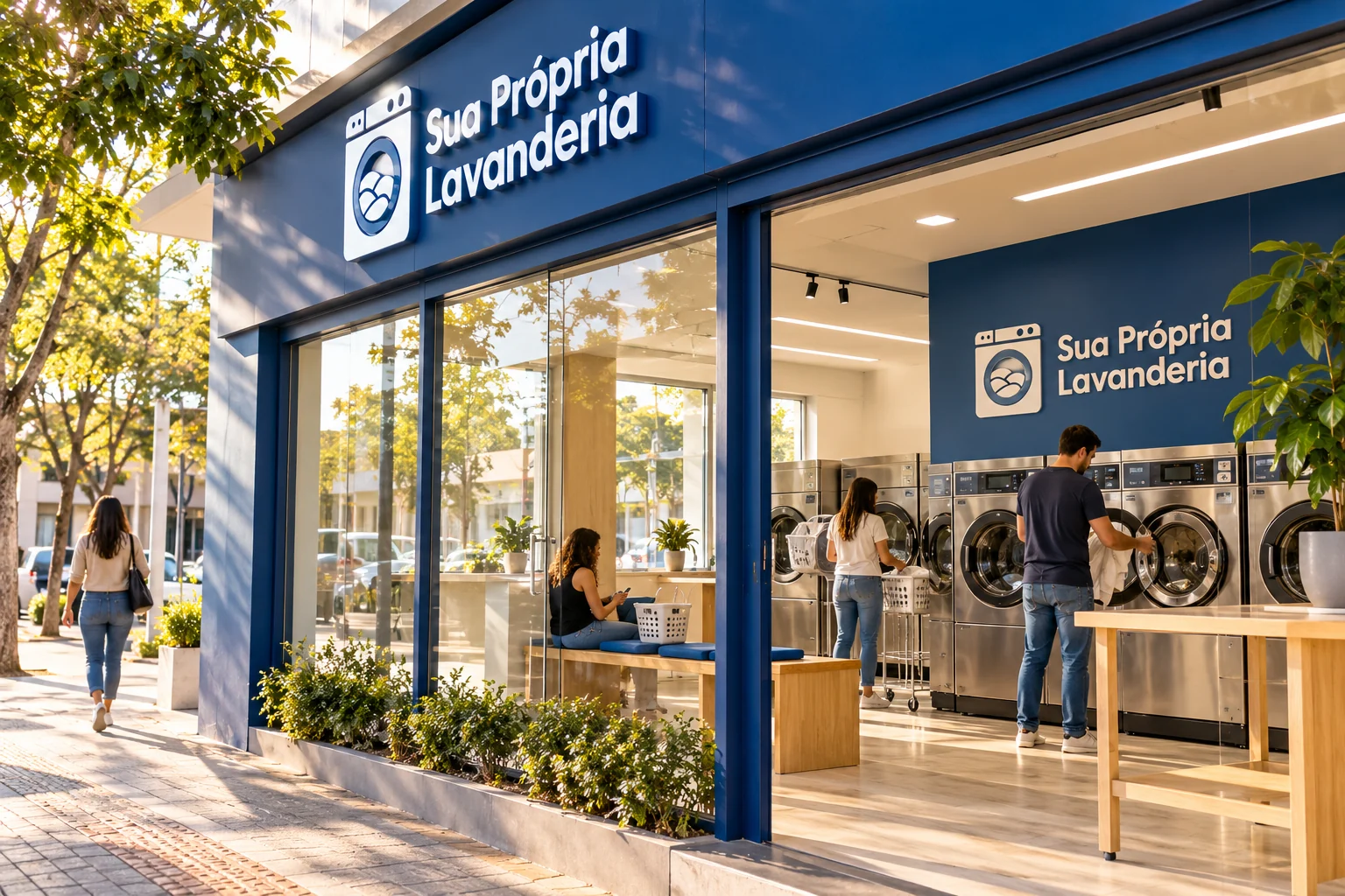 Fachada azul com logo Sua Própria Lavanderia, portas de vidro e clientes visíveis a partir da calçada.