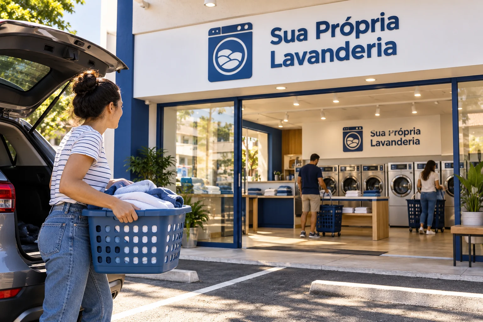 Mulher segura um cesto de roupas junto ao porta-malas de um carro, diante da entrada de uma lavanderia SPL.