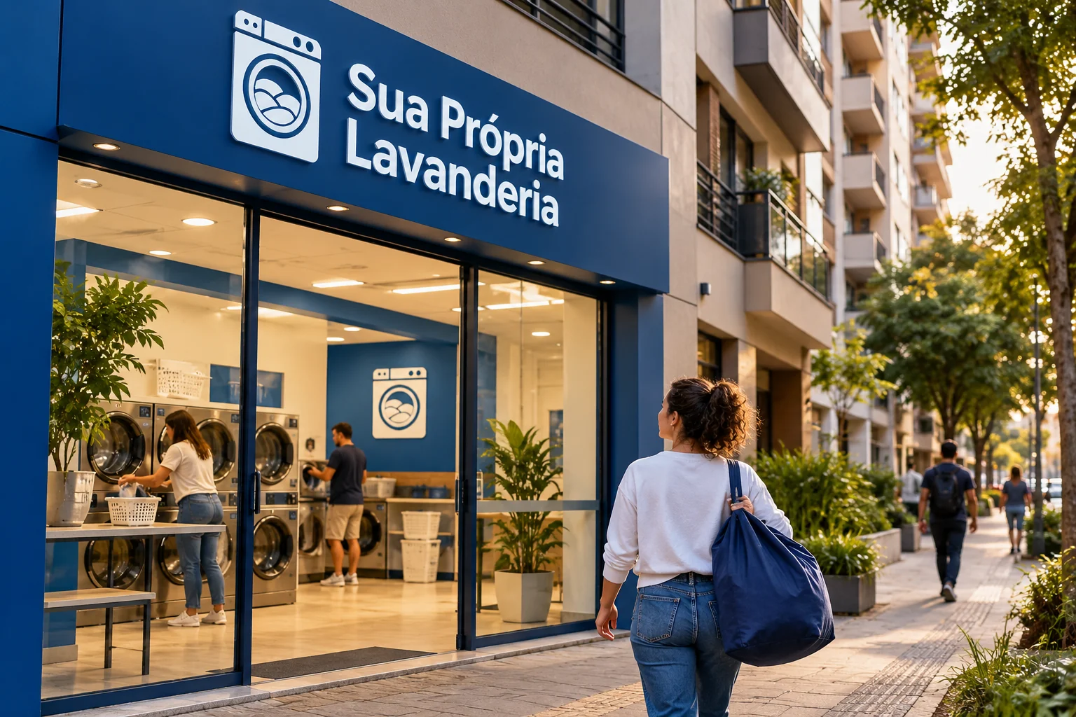 Mulher com bolsa de roupas caminha até uma lavanderia SPL no térreo, junto a edifícios residenciais.