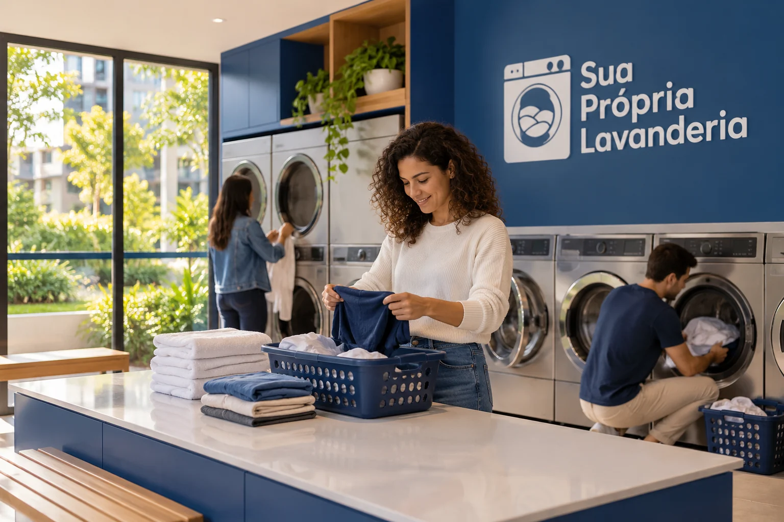 Cliente organiza roupas no balcão de uma lavanderia azul e branca com logo SPL e outras pessoas usando as máquinas.