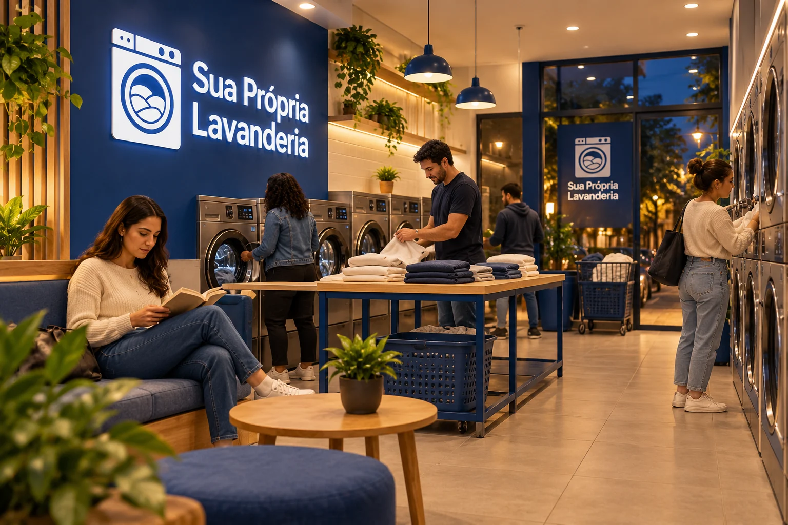 Clientes lavam, dobram roupas e aguardam em uma lavanderia SPL iluminada no período noturno.