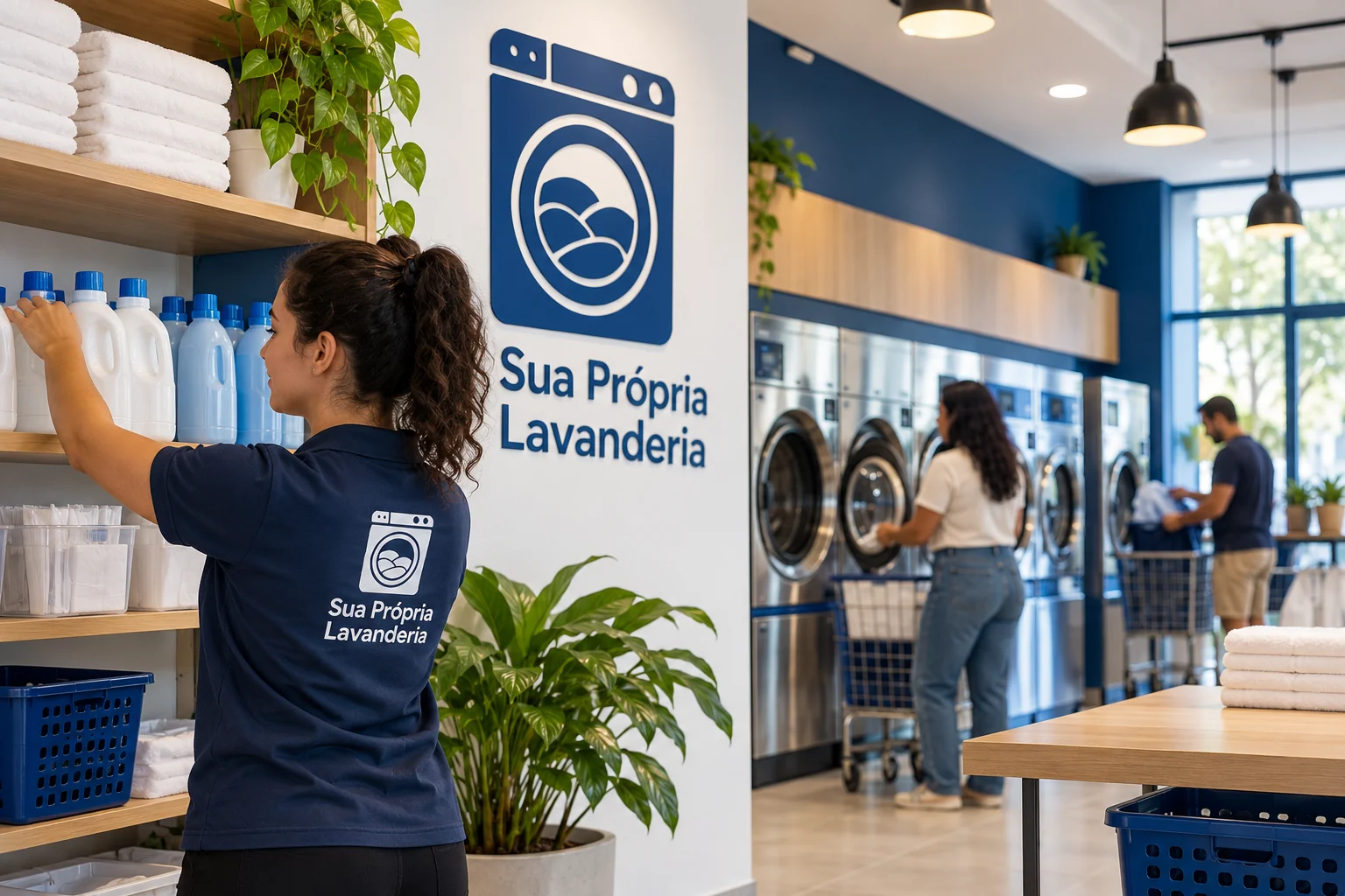 Ilustração de lavanderia SPL pronta: pessoa organiza insumos e clientes utilizam máquinas ao fundo, em ambiente azul e branco.