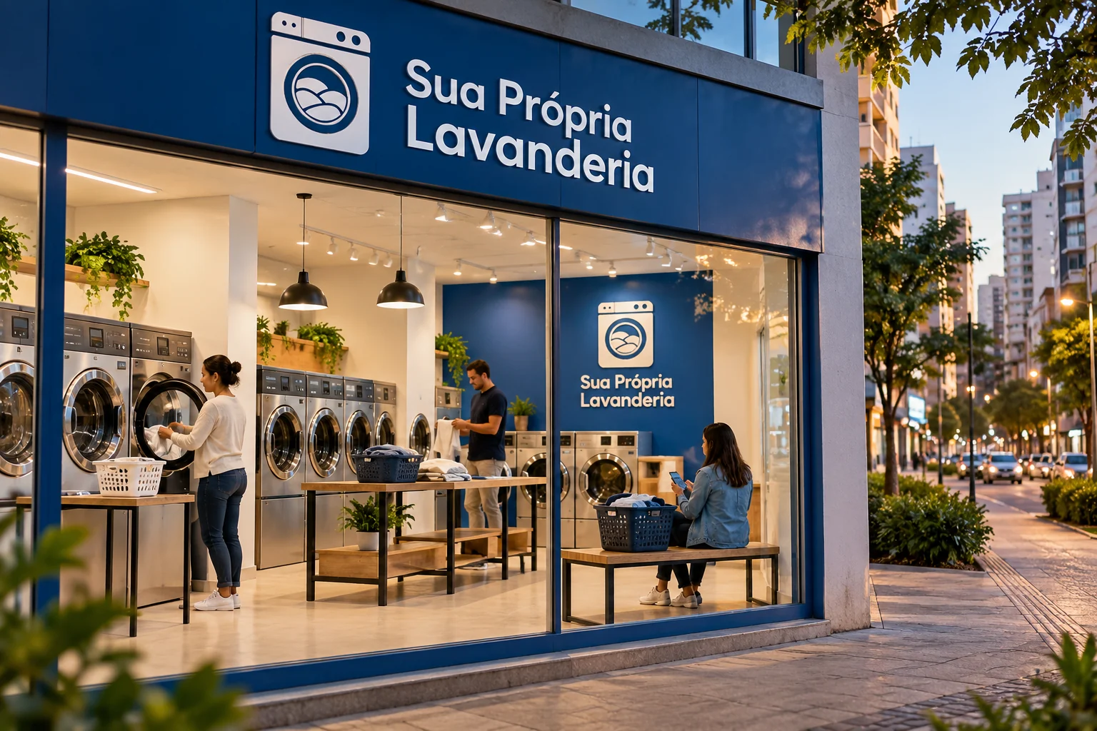 Ilustração de fachada envidraçada da lavanderia SPL em rua urbana, com pessoas usando o espaço e edifícios ao fundo.