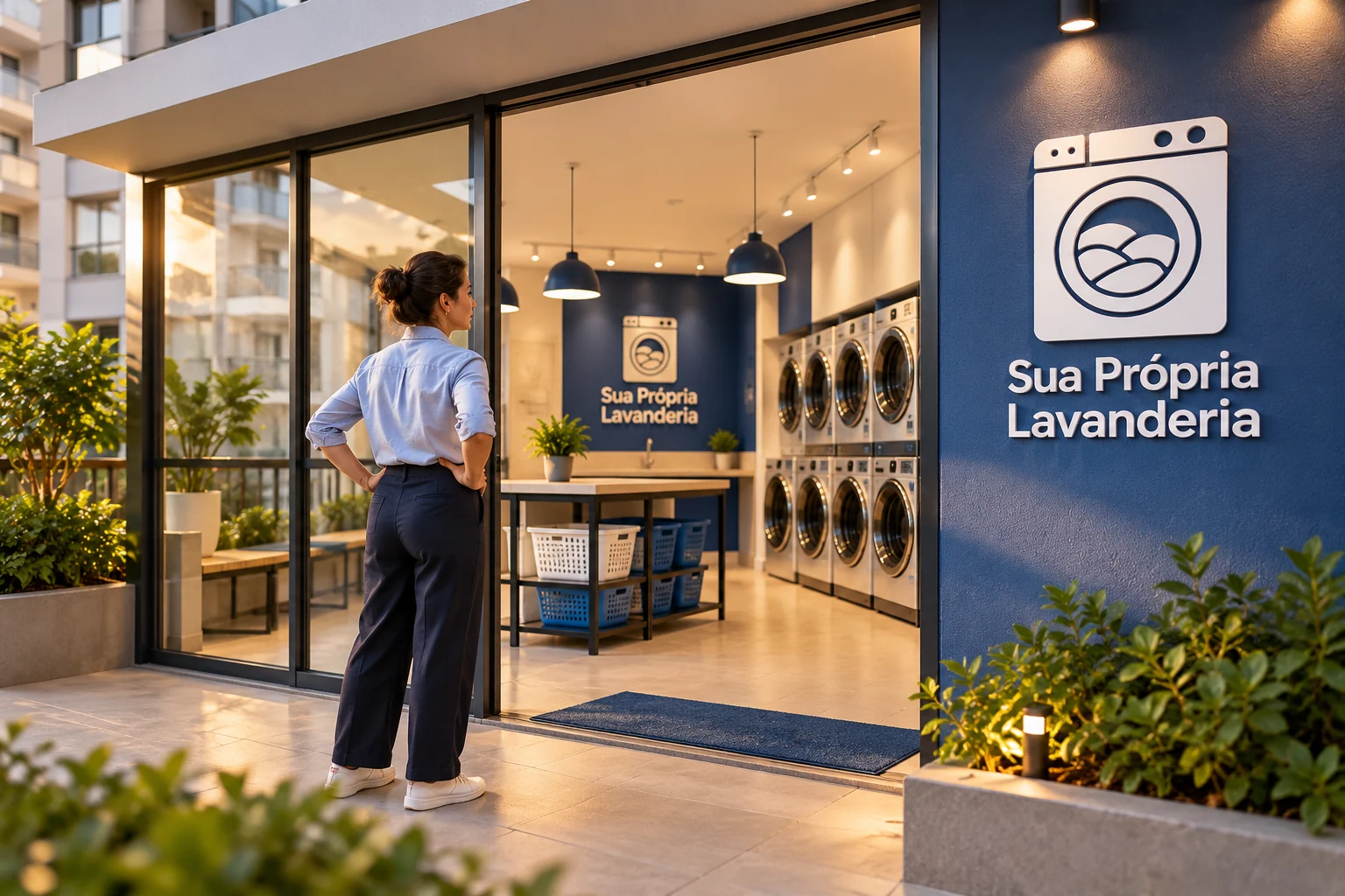 Pessoa diante da entrada térrea de uma lavanderia SPL, com porta de vidro e máquinas visíveis no interior.