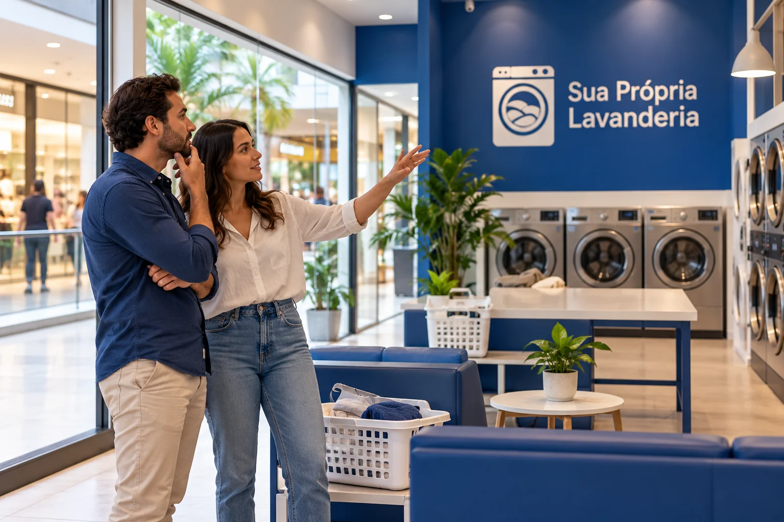 Casal observa o interior de lavanderia SPL azul e branca, com máquinas, bancos e fachada envidraçada.