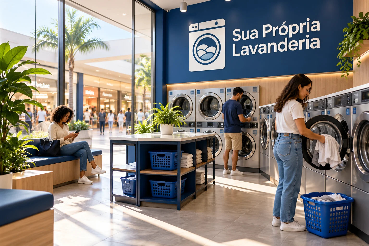 Lavanderia self-service em funcionamento dentro de shopping, com equipamentos instalados e área de circulação organizada