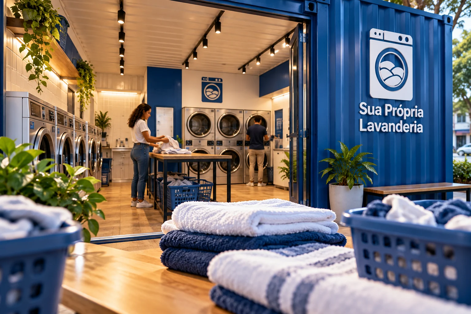 Lavanderia self-service pronta e em funcionamento em estrutura modular tipo container, com máquinas e área de atendimento
