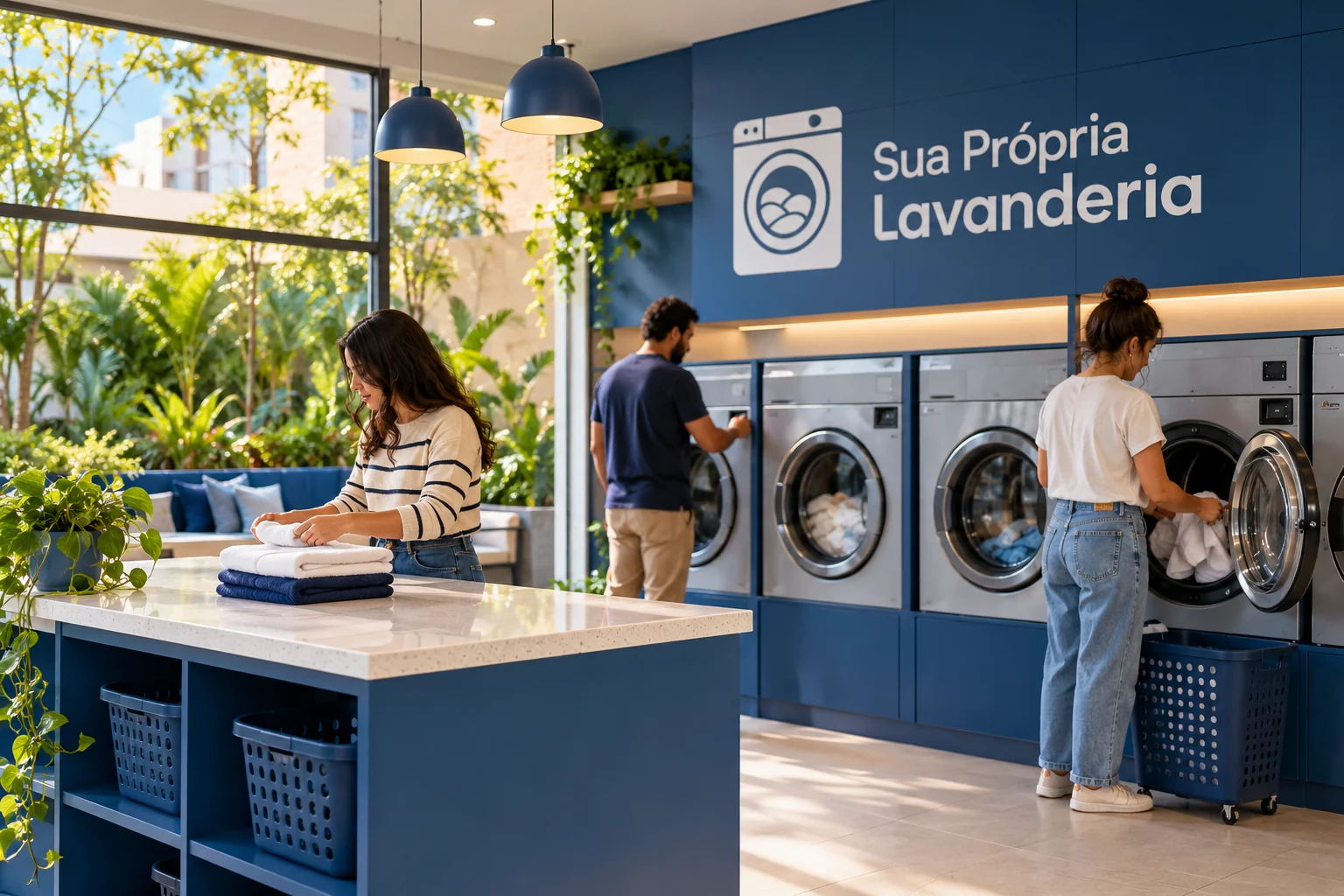 Interior de lavanderia self-service em funcionamento, com equipamento e circulação visíveis, usado como referência visual para avaliar um imóvel.