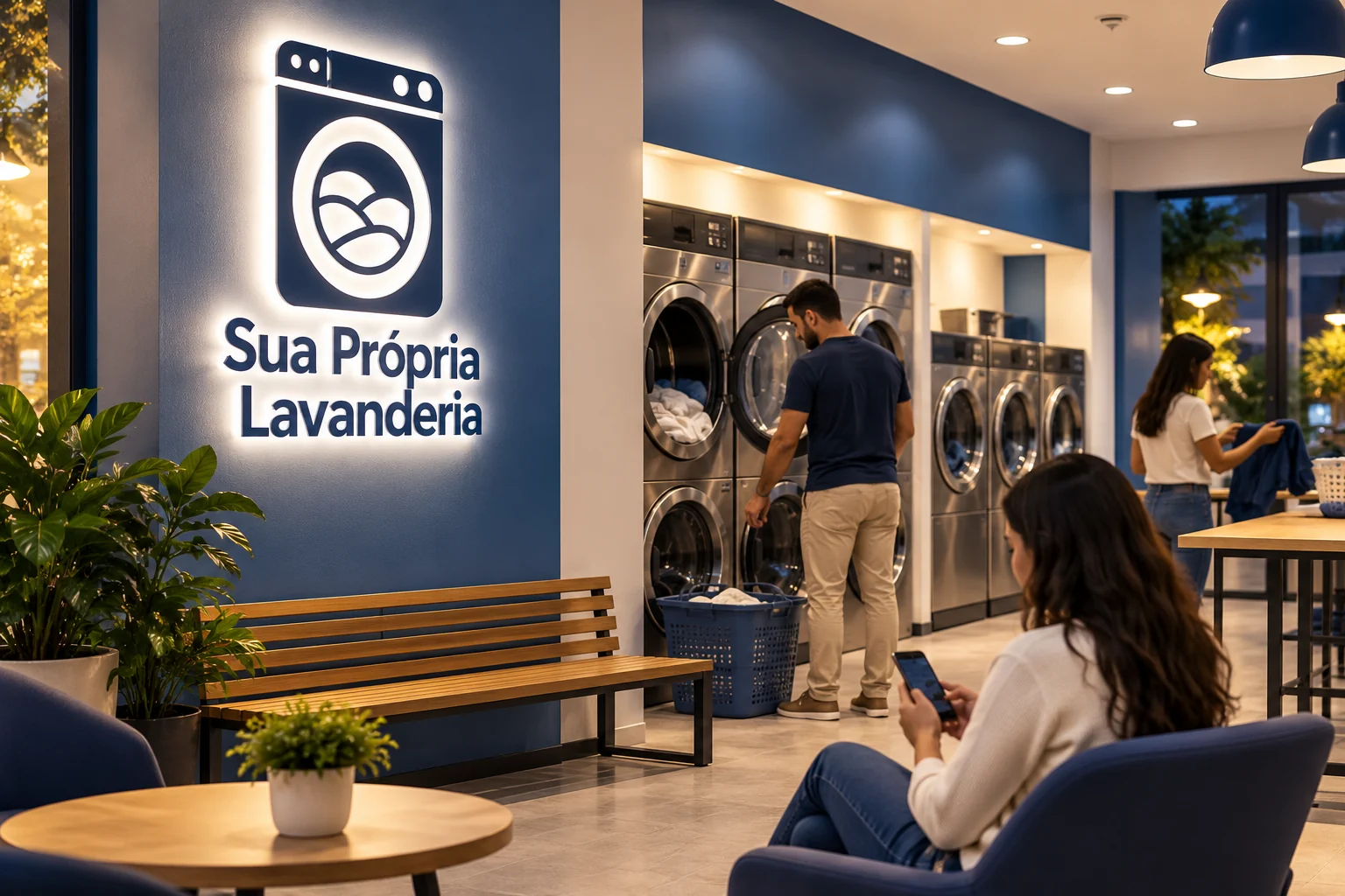 Ilustração de lavanderia em funcionamento, com máquinas instaladas, clientes e área de espera em azul e branco.