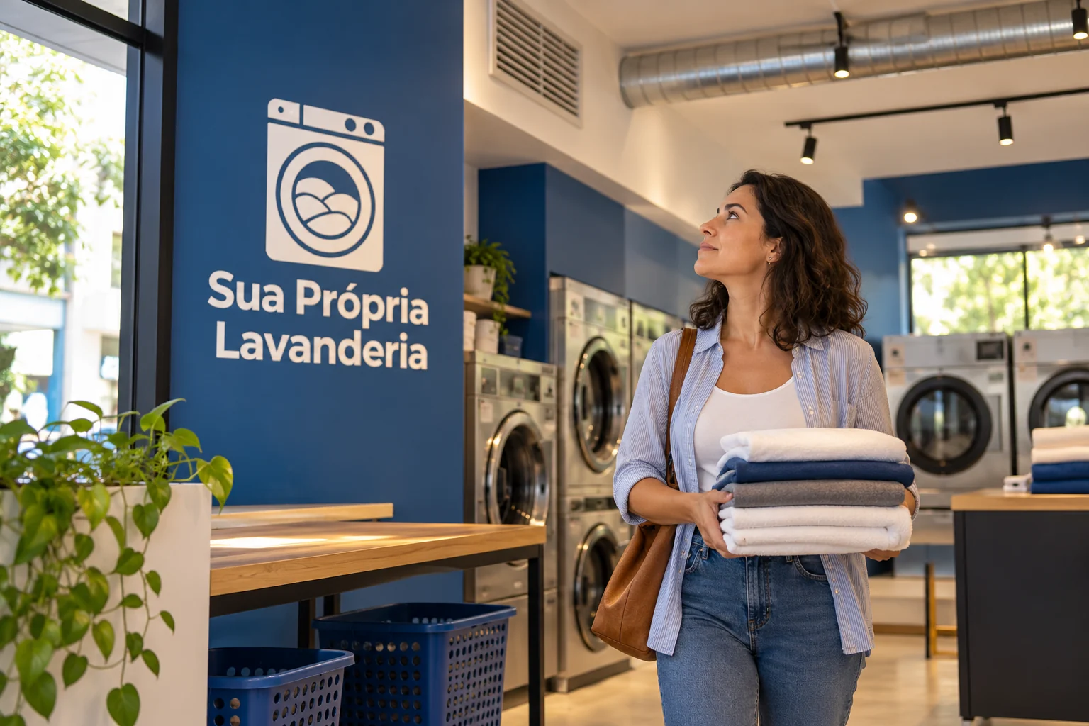 Ilustração de cliente com toalhas em lavanderia azul e branca, com marca SPL, máquinas ao fundo, grelha na parede e duto metálico aparente no teto.