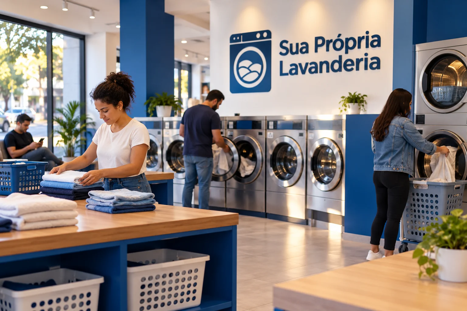Ilustração de clientes usando máquinas e dobrando roupas em lavanderia pronta, azul e branca, com marca Sua Própria Lavanderia na parede.