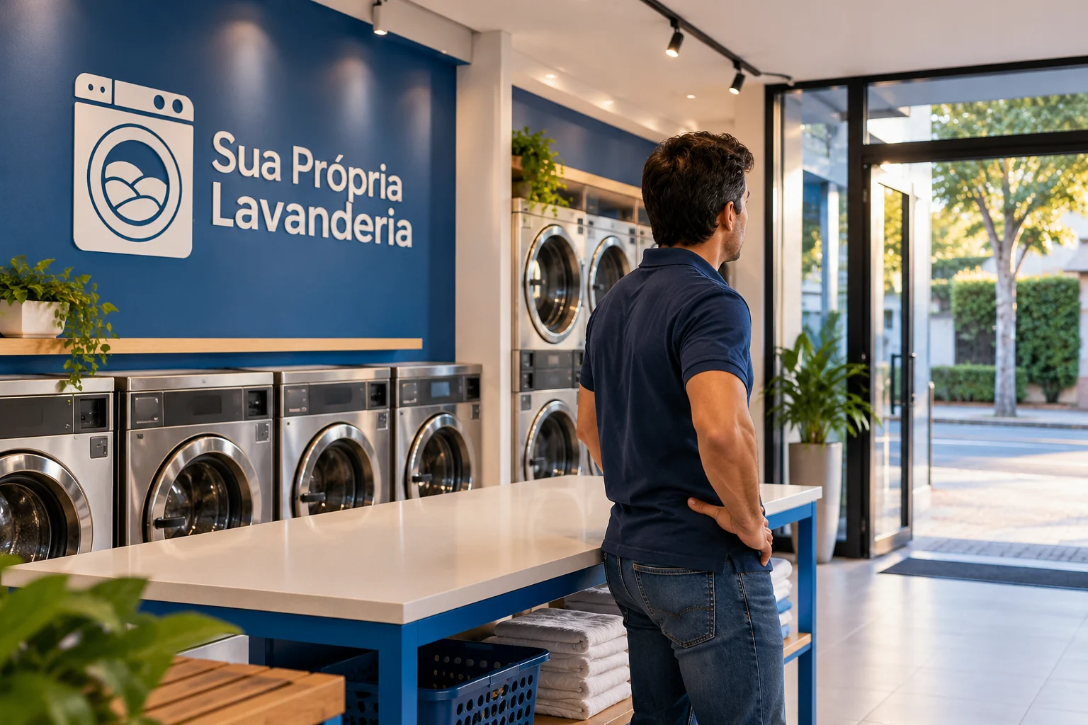 Ilustração de homem observando a entrada de uma lavanderia pronta, com porta envidraçada aberta, máquinas ao fundo e marca SPL na parede.