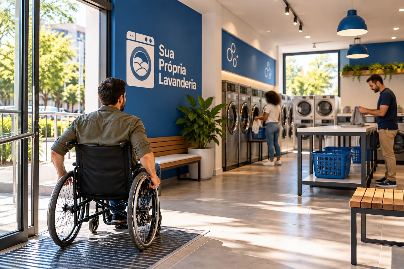 Pessoa em cadeira de rodas na entrada de uma lavanderia azul e branca, com logo Sua Própria Lavanderia e clientes ao fundo.