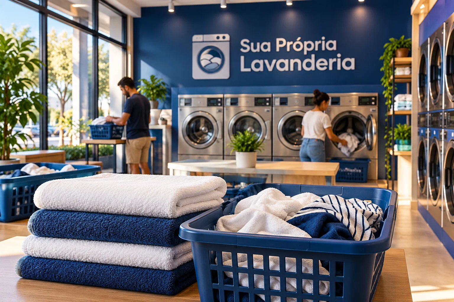 Cestos e toalhas sobre bancada de apoio, com máquinas, clientes e logo Sua Própria Lavanderia ao fundo.
