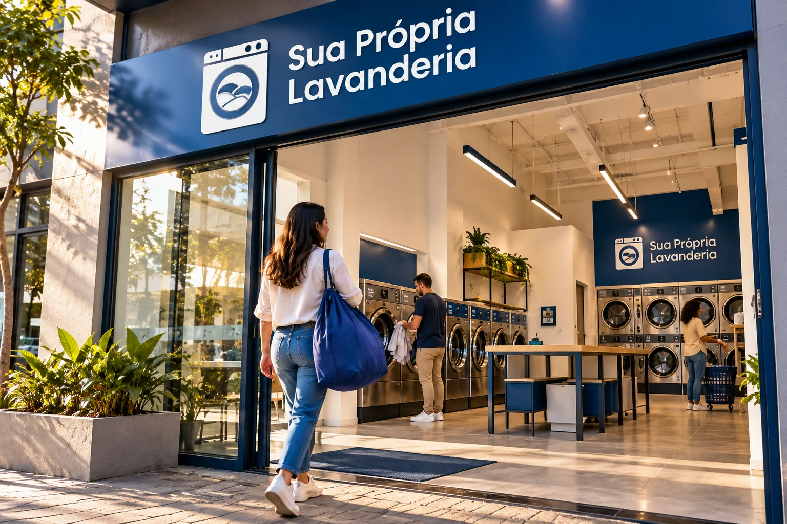 Fachada aberta de lavanderia com logo Sua Própria Lavanderia, teto alto, luminárias suspensas e máquinas em uso.
