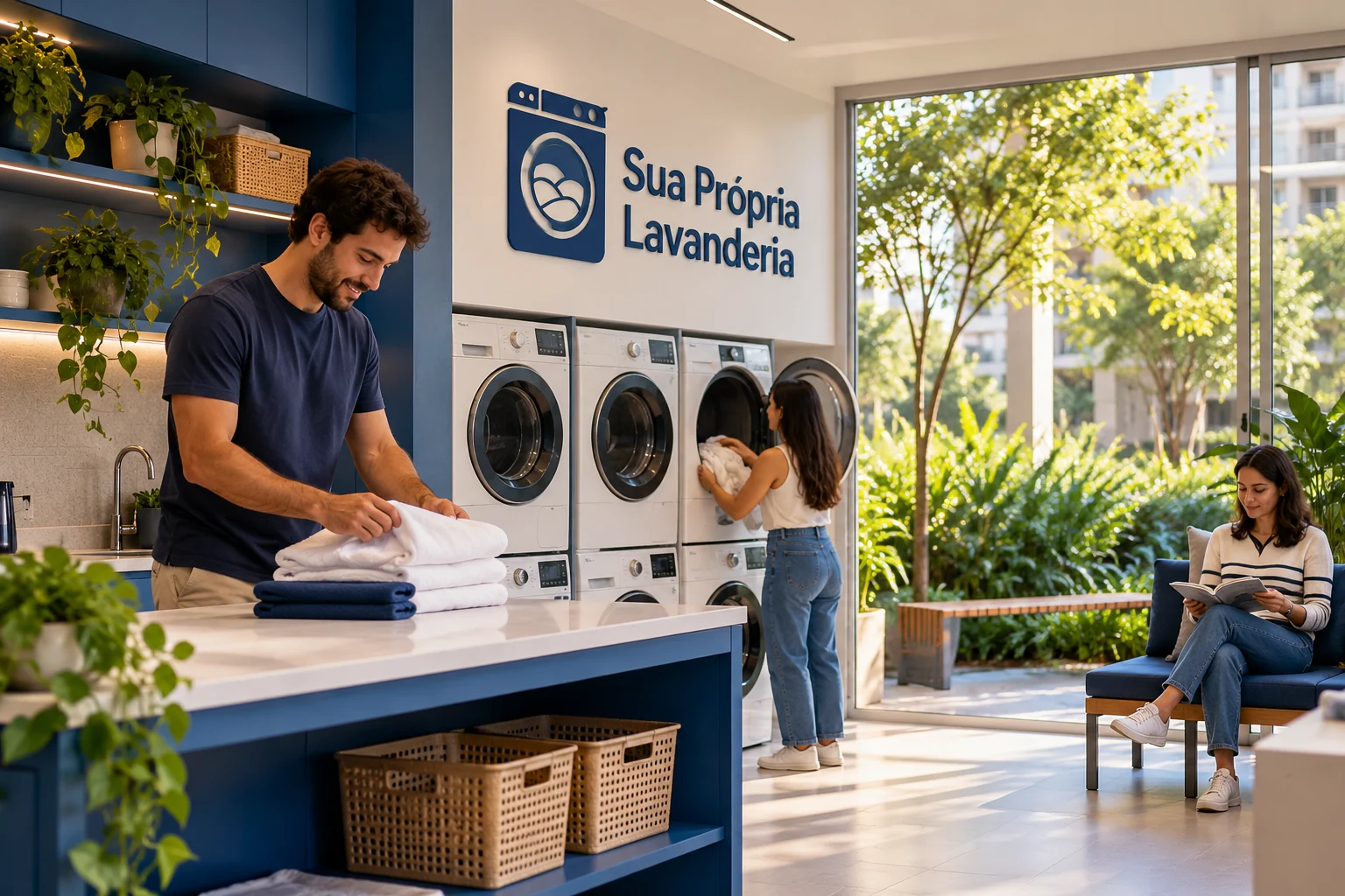 Lavanderia concluída com bancada, instalações fixas, máquinas, clientes e logo Sua Própria Lavanderia na parede.